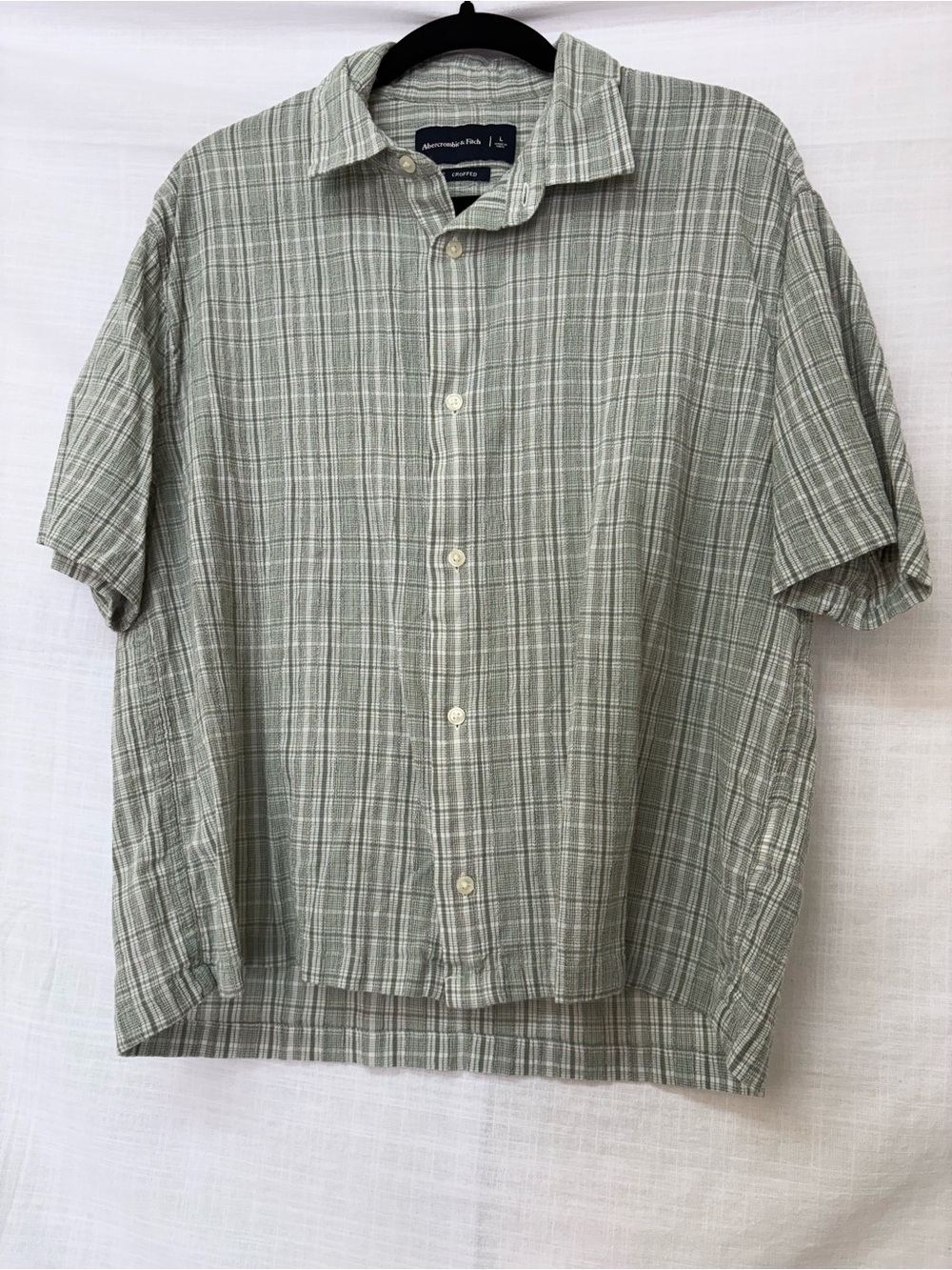 Abercrombie & Fitch Light Green Short-Sleeve Textural Plaid Button-Up Shirt